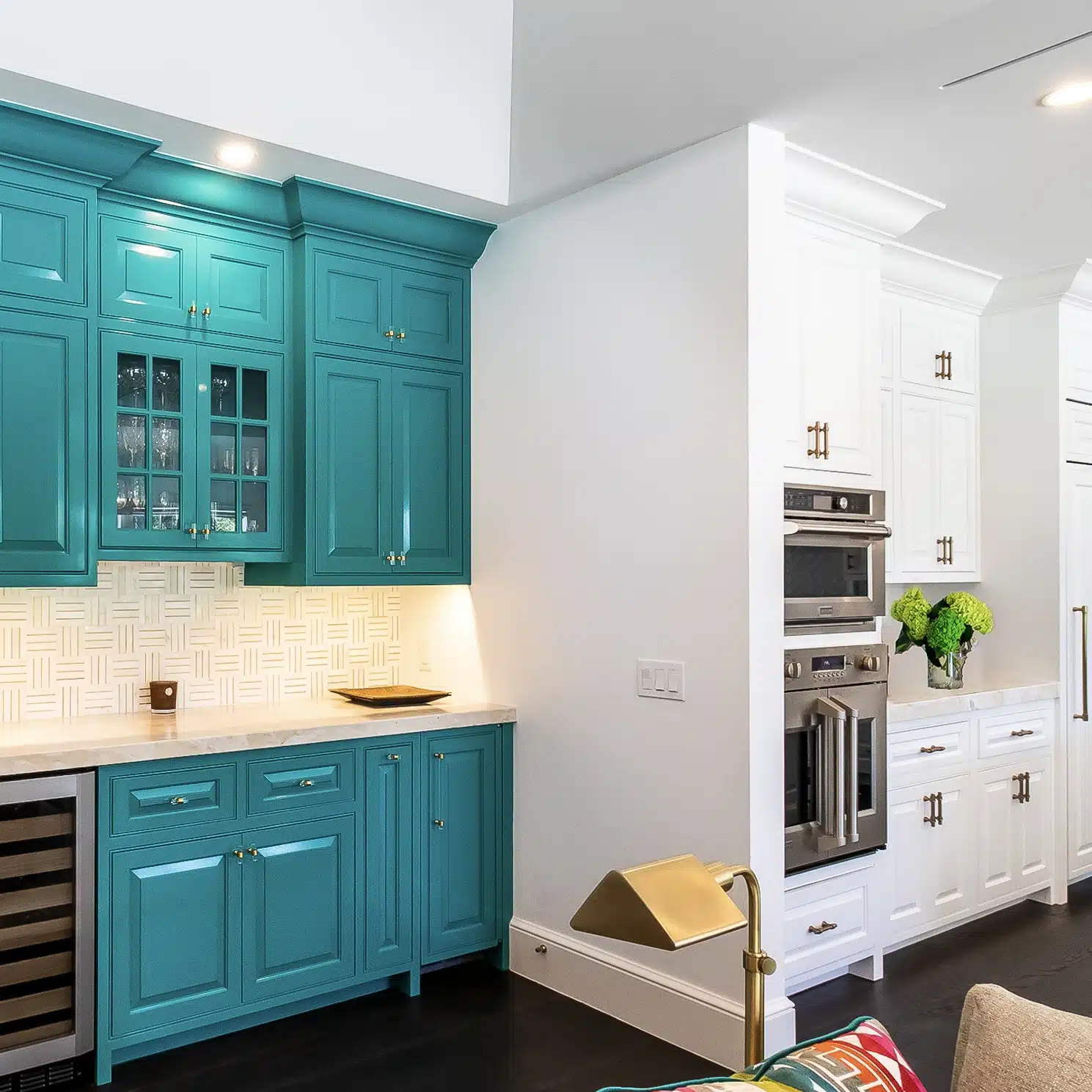 Teal and white cabinets