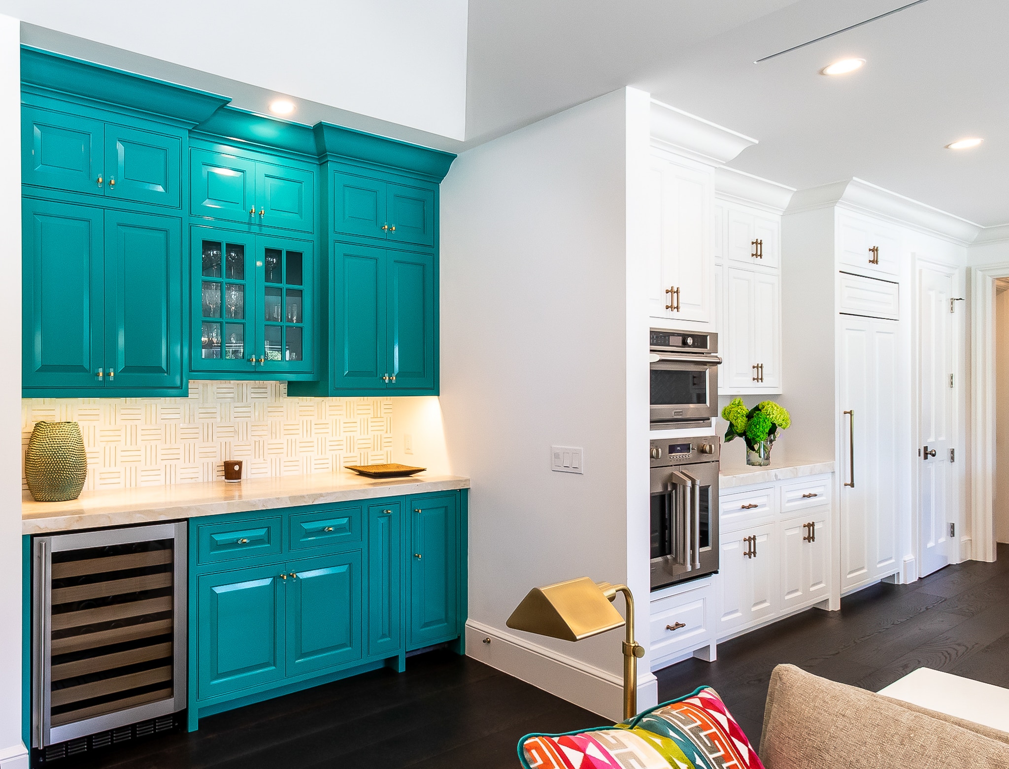 Teal and white cabinets