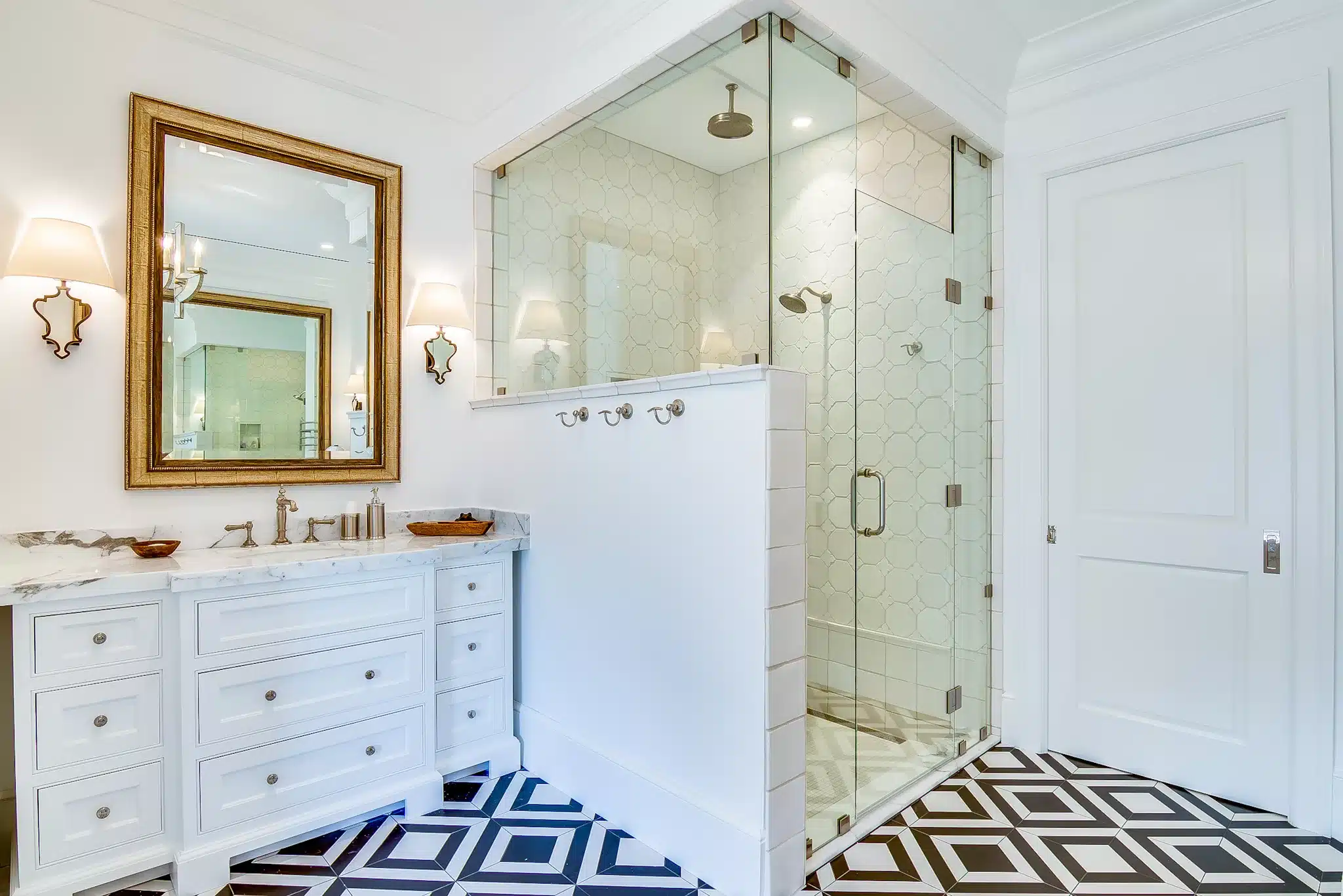 Bathroom glass type with mirror and white cabinets outside